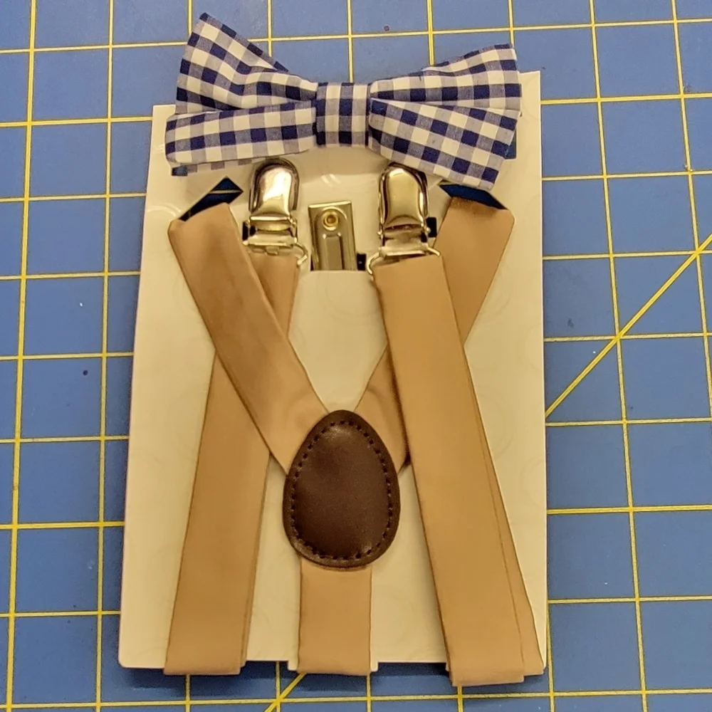 2 Piece Set of a Boys Suspender Tan & a Bowtie in Blue/White